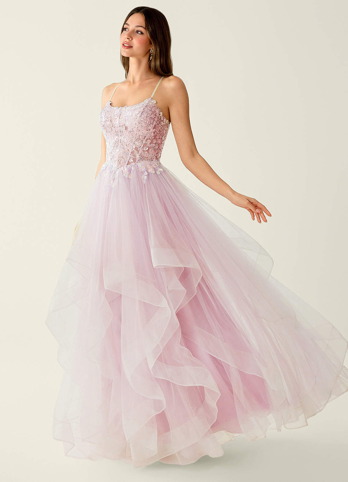 Mosaic A-Line V-Neck Tulle Evening Dress in pink