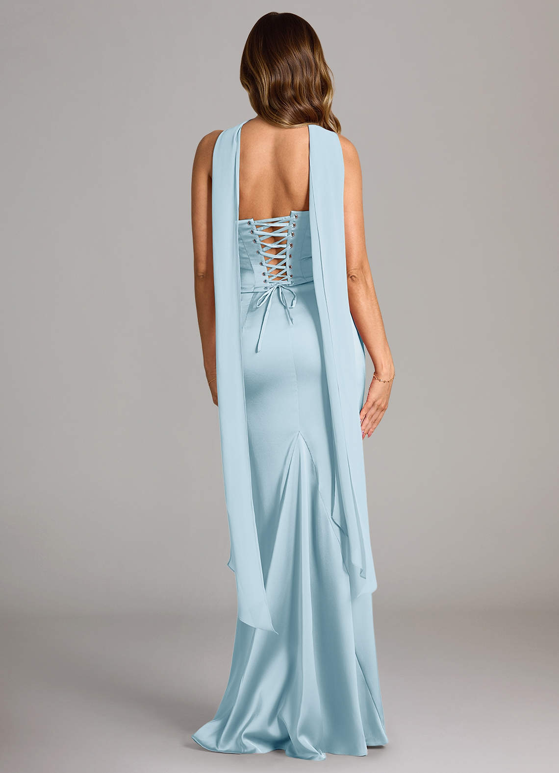 Sorrel Mermaid Cowl-Neck Stretch Satin and Chiffon Bridesmaid Dress in Sky Blue