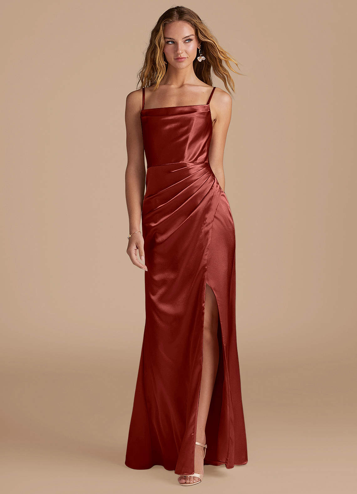 Marzia Mermaid Square-Neck Metallic Satin Bridesmaid Dress in Terracotta