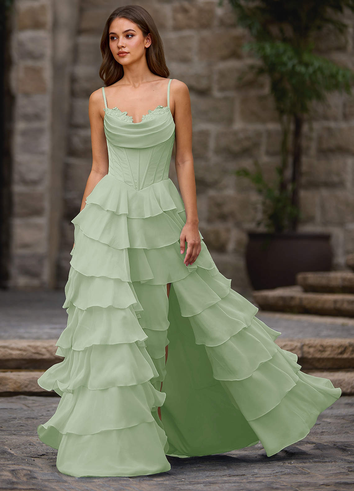 Floralace A-Line Ruffle Chiffon Evening Dress in Light Green