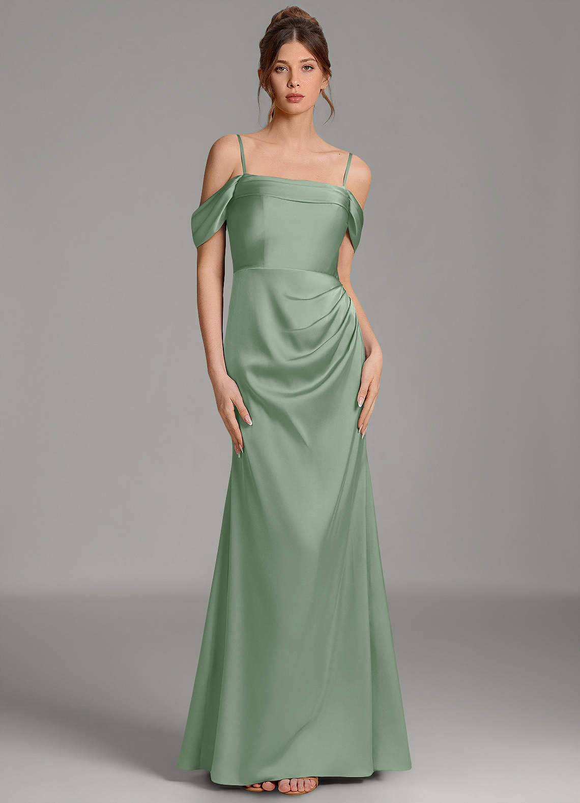 Wyatt Mermaid Off-the-Shoulder Stretch Satin Bridesmaid Dress in Matcha