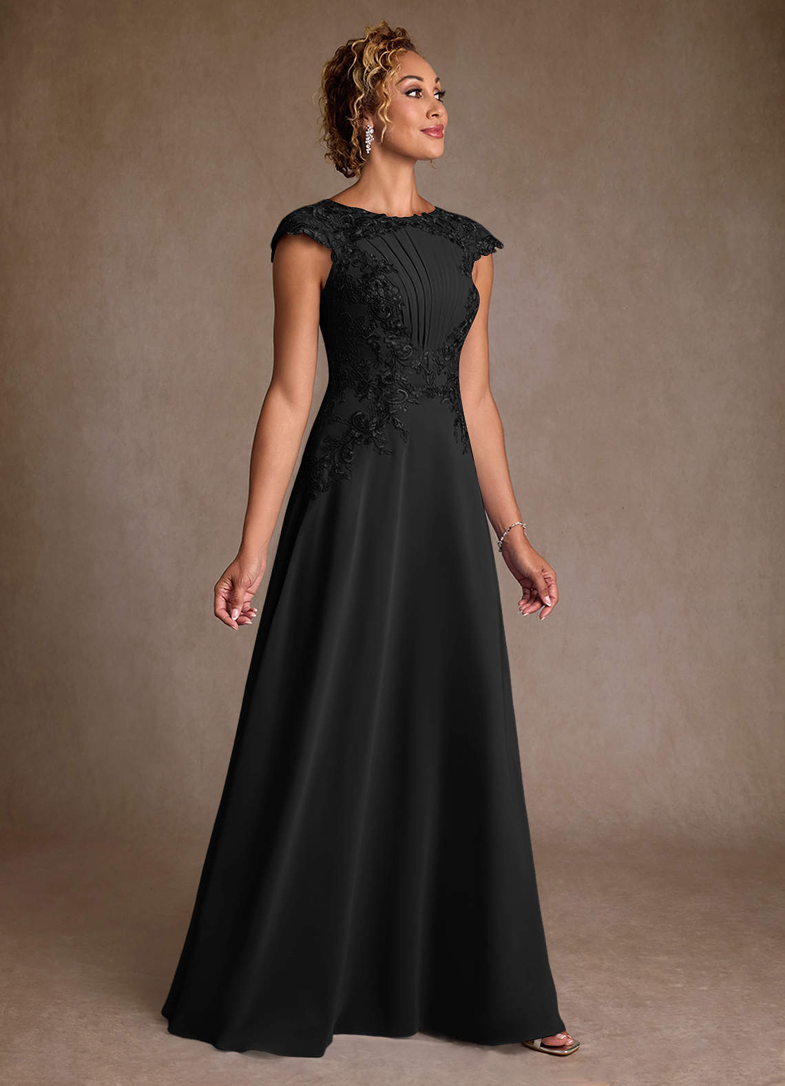 Christi A-Line Scoop-Neck Chiffon and Lace Mother of the Bride Dress in black