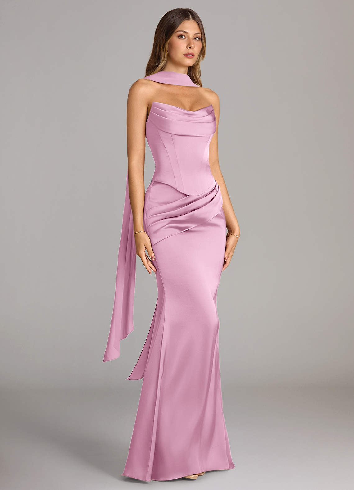Sorrel Mermaid Cowl-Neck Stretch Satin and Chiffon Bridesmaid Dress in candy pink