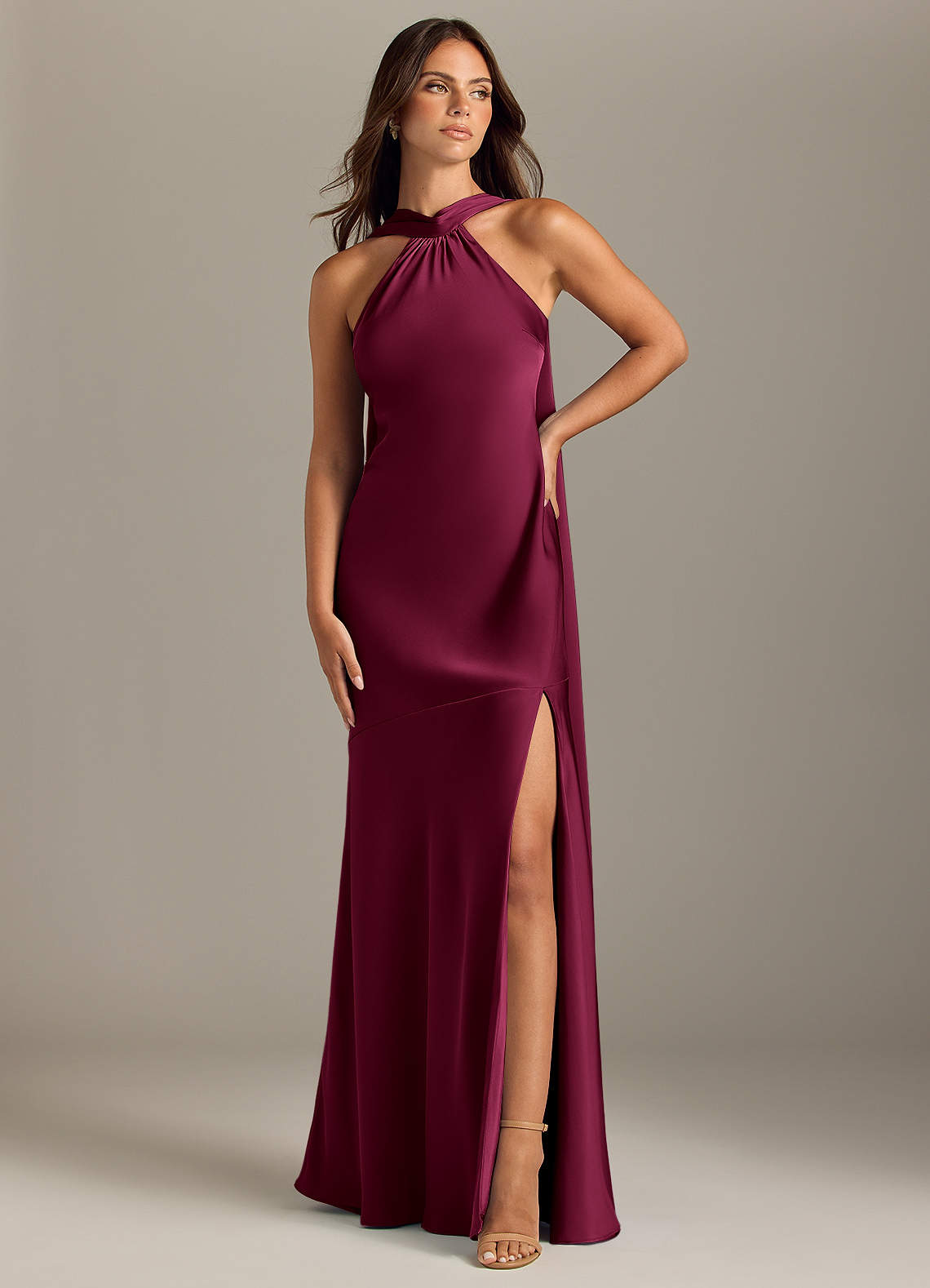 Kinsley Mermaid Halter Stretch Satin Bridesmaid Dress in Burgundy