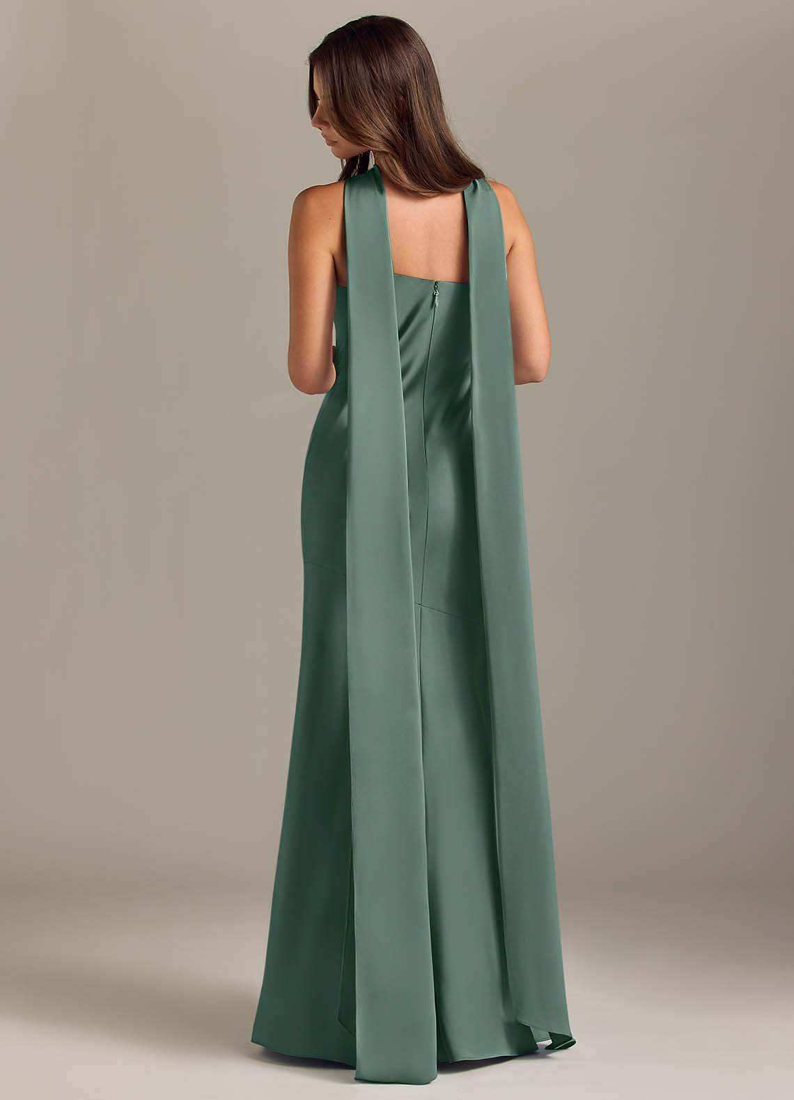 Kinsley Mermaid Halter Stretch Satin Bridesmaid Dress in Eucalyptus