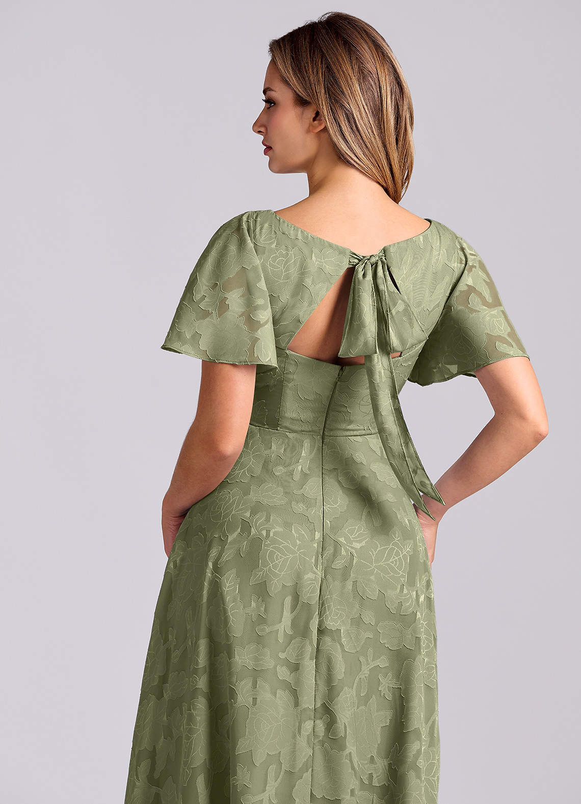 Kimber A-Line V-Neck Floral Burnout Bridesmaid Dress in Pistachio