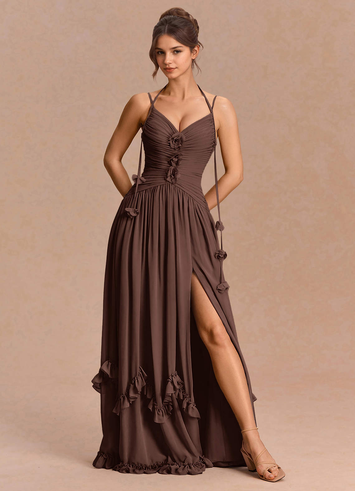 Eulalie A-Line Floral-Appliqué Chiffon Evening Dress in Haze blue