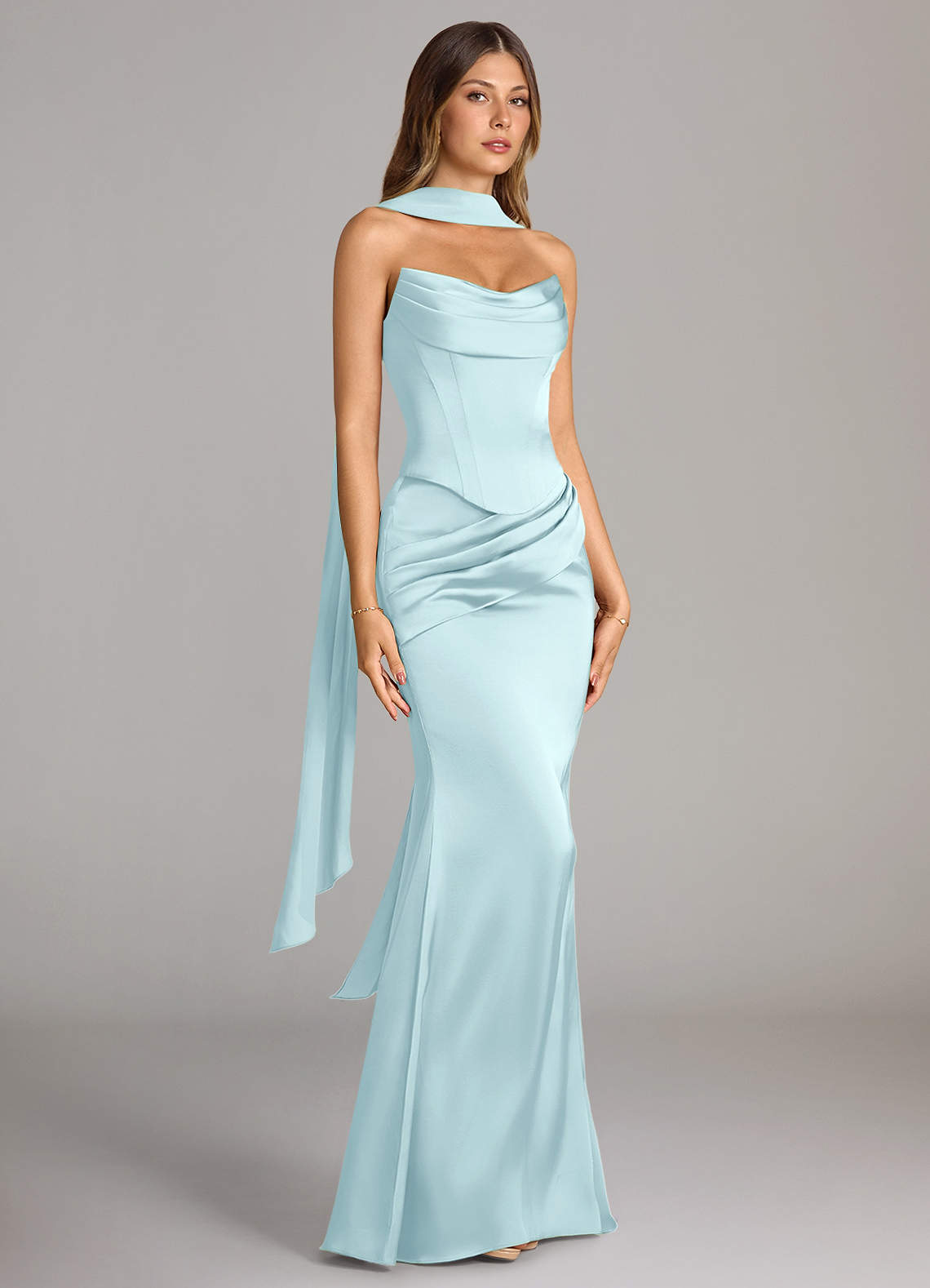 Sorrel Mermaid Cowl-Neck Stretch Satin and Chiffon Bridesmaid Dress in Cloud Blue