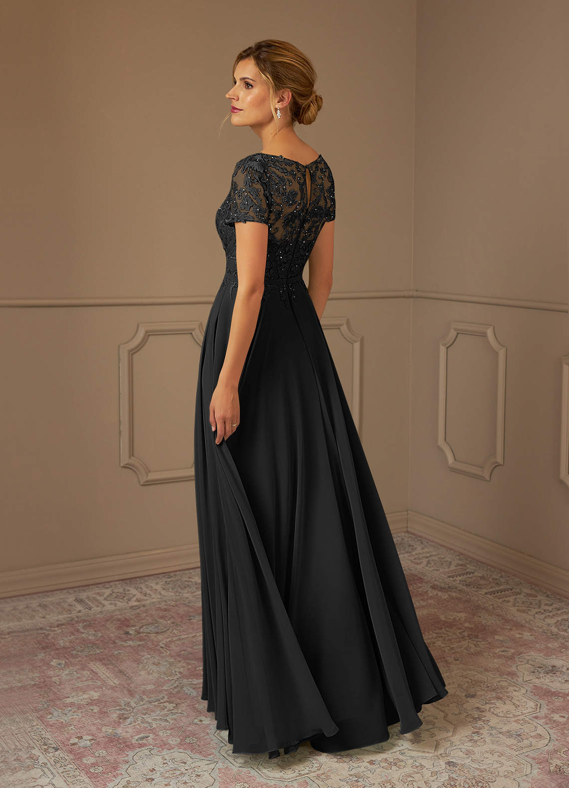 Adina A-Line Boat-Neck Chiffon Mother of the Bride Dress in black