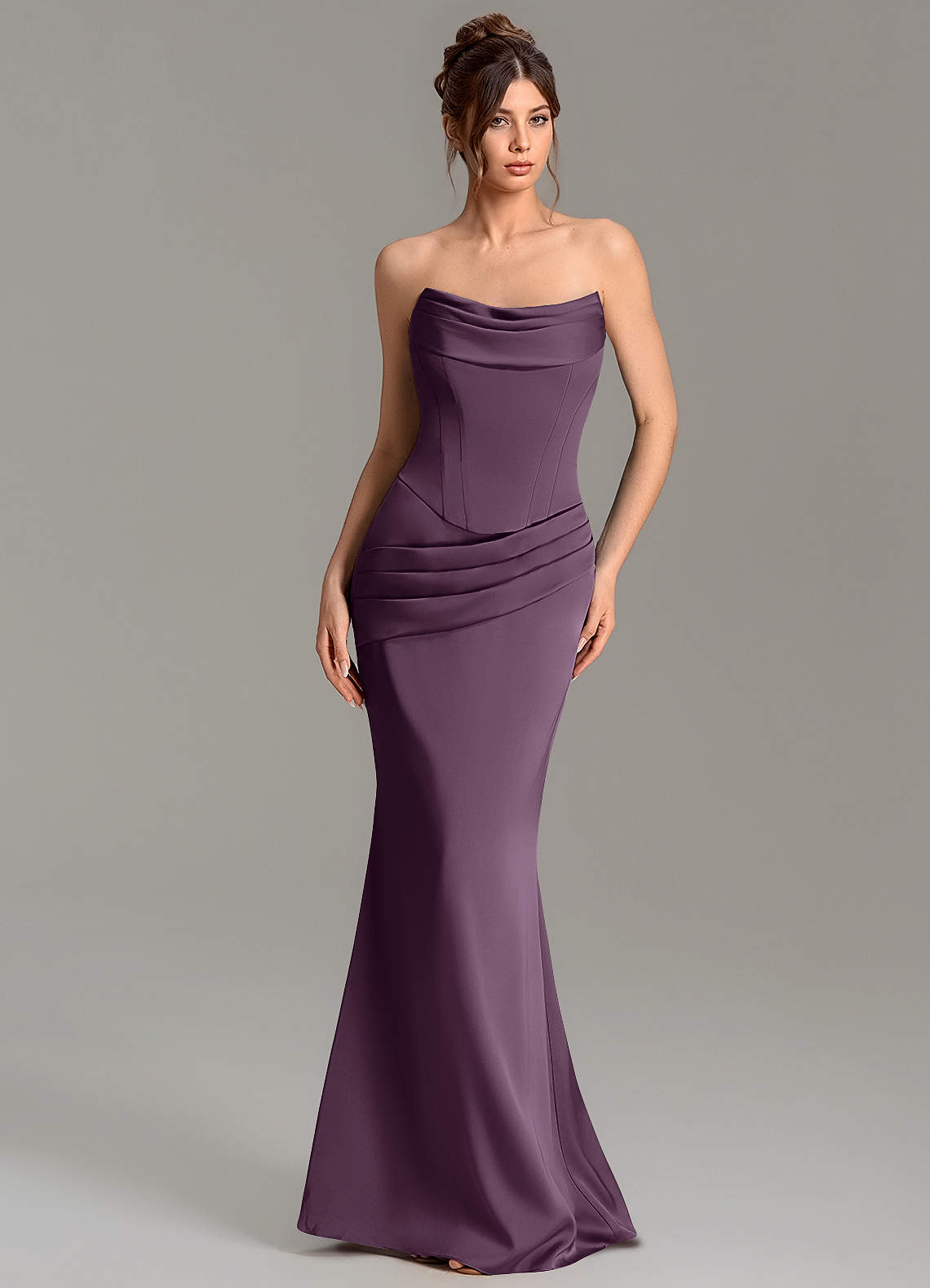 Adrienne Mermaid Cowl-Neck Stretch Satin Bridesmaid Dress in Plum