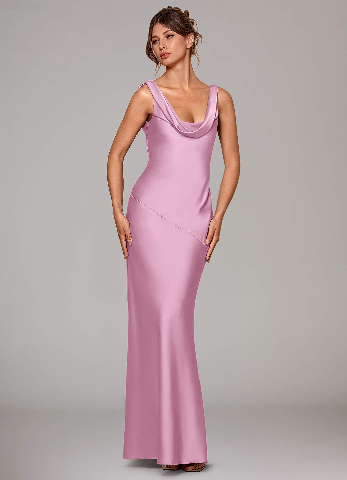 Rylina Mermaid Cowl-Neck Stretch Satin Bridesmaid Dress in candy pink