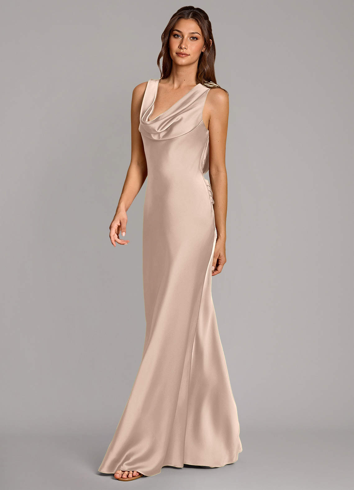 Cheryl Mermaid Cowl-Neck Stretch Satin Bridesmaid Dress in English Rose