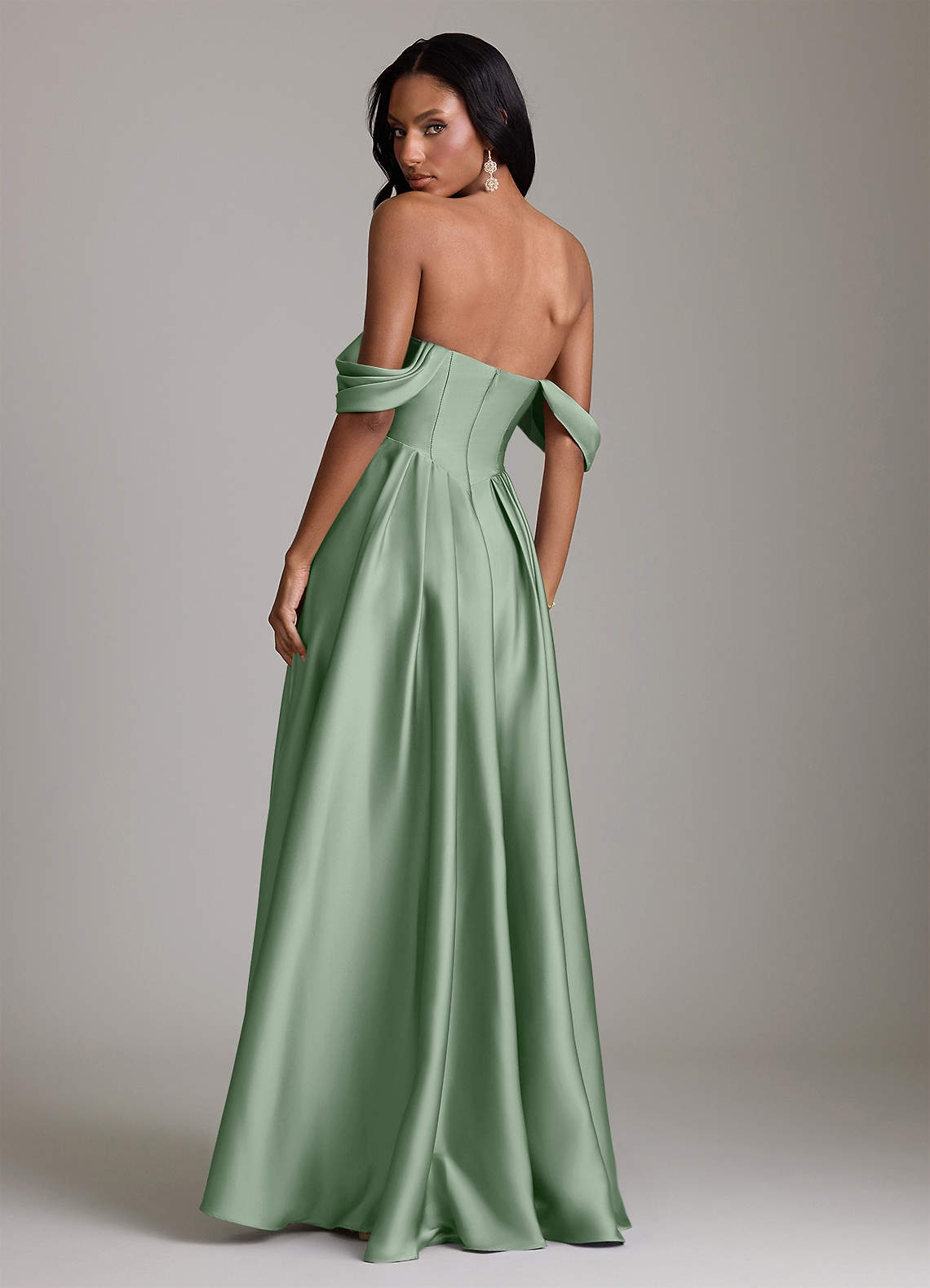 Loisa A-Line Off-the-Shoulder Stretch Satin Bridesmaid Dress in Matcha
