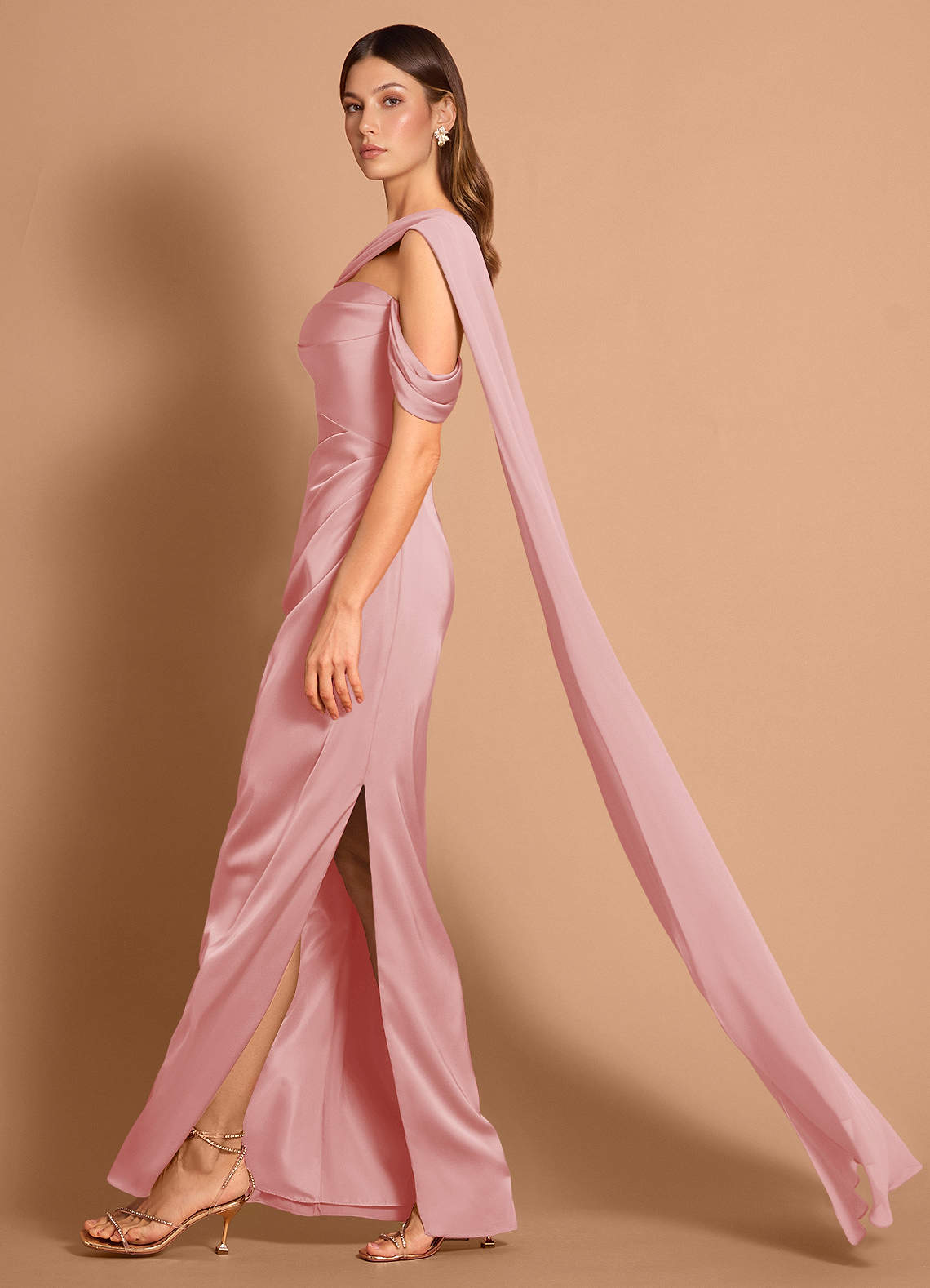 Meliora Asymmetric Strapless Chiffon-Drape Stretch Satin Evening Dress in Haze Pink