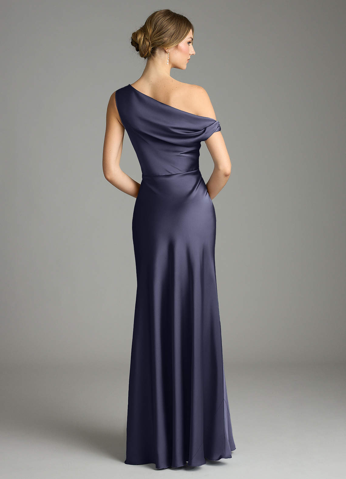 Emerson Mermaid One-Shoulder Stretch Satin Bridesmaid Dress in Stormy