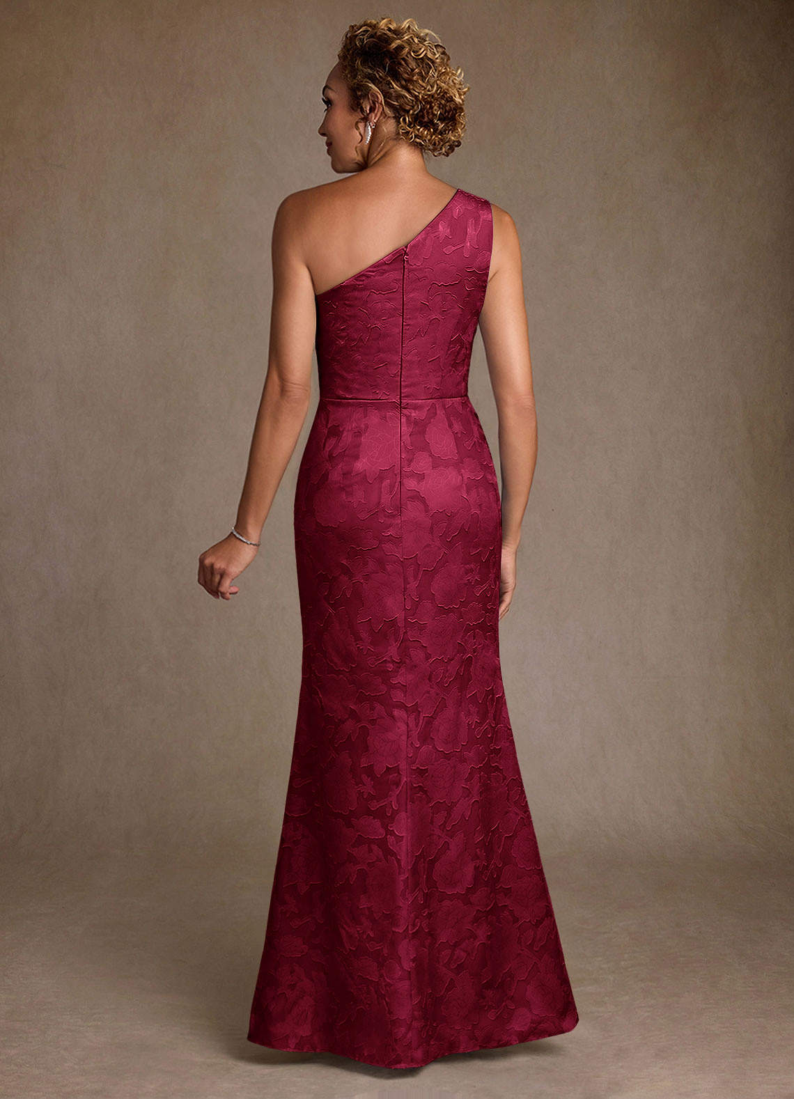 Joylin Trumpet One-Shoulder Floral Burnout Mother of the Bride Dress in Burgundy