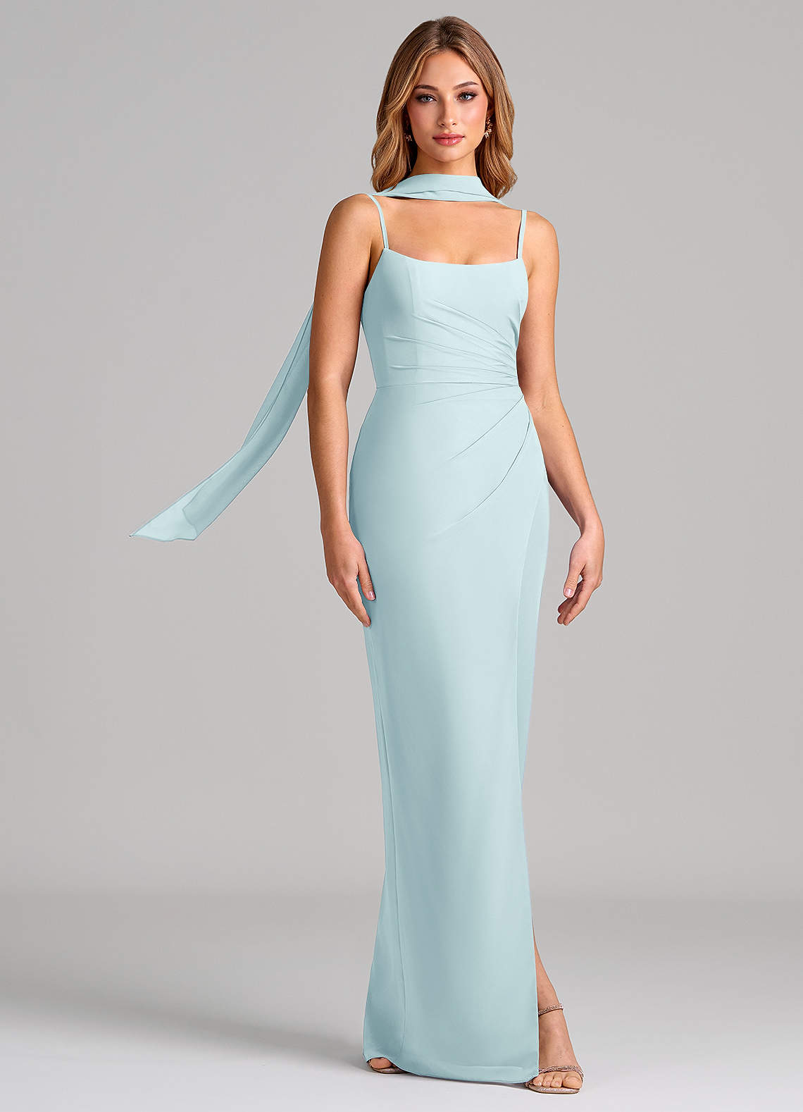 Calandra Sheath Scoop-Neck Chiffon Bridesmaid Dress in Sea Glass