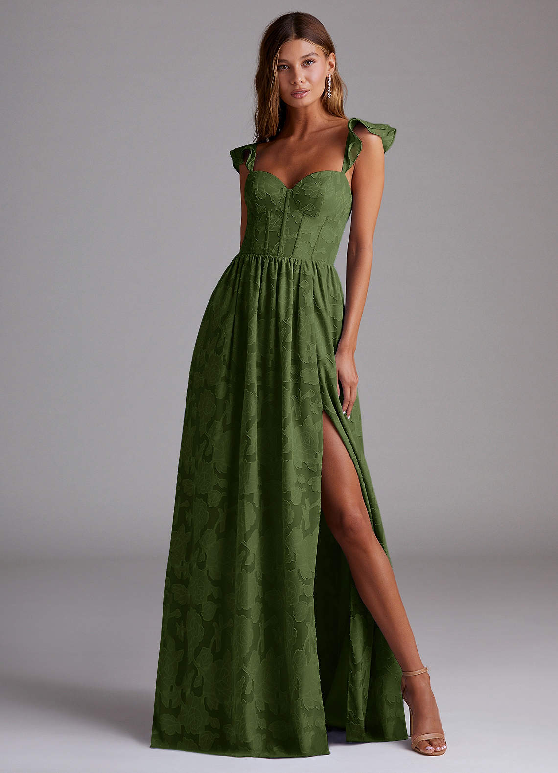 Denisse A-Line Sweetheart Floral Burnout Wedding Guest Dress in Olive