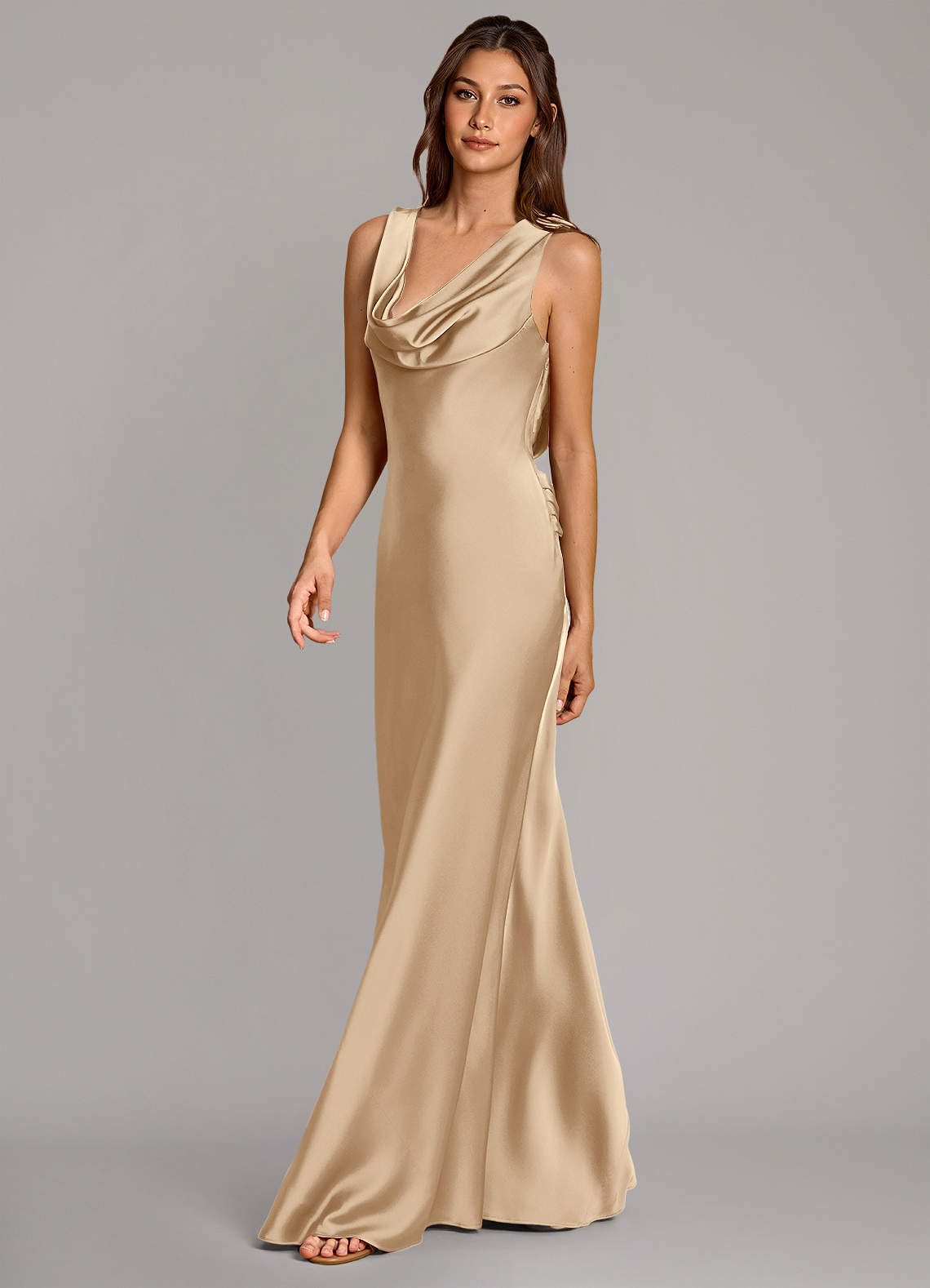 Cheryl Mermaid Cowl-Neck Stretch Satin Bridesmaid Dress in Champagne