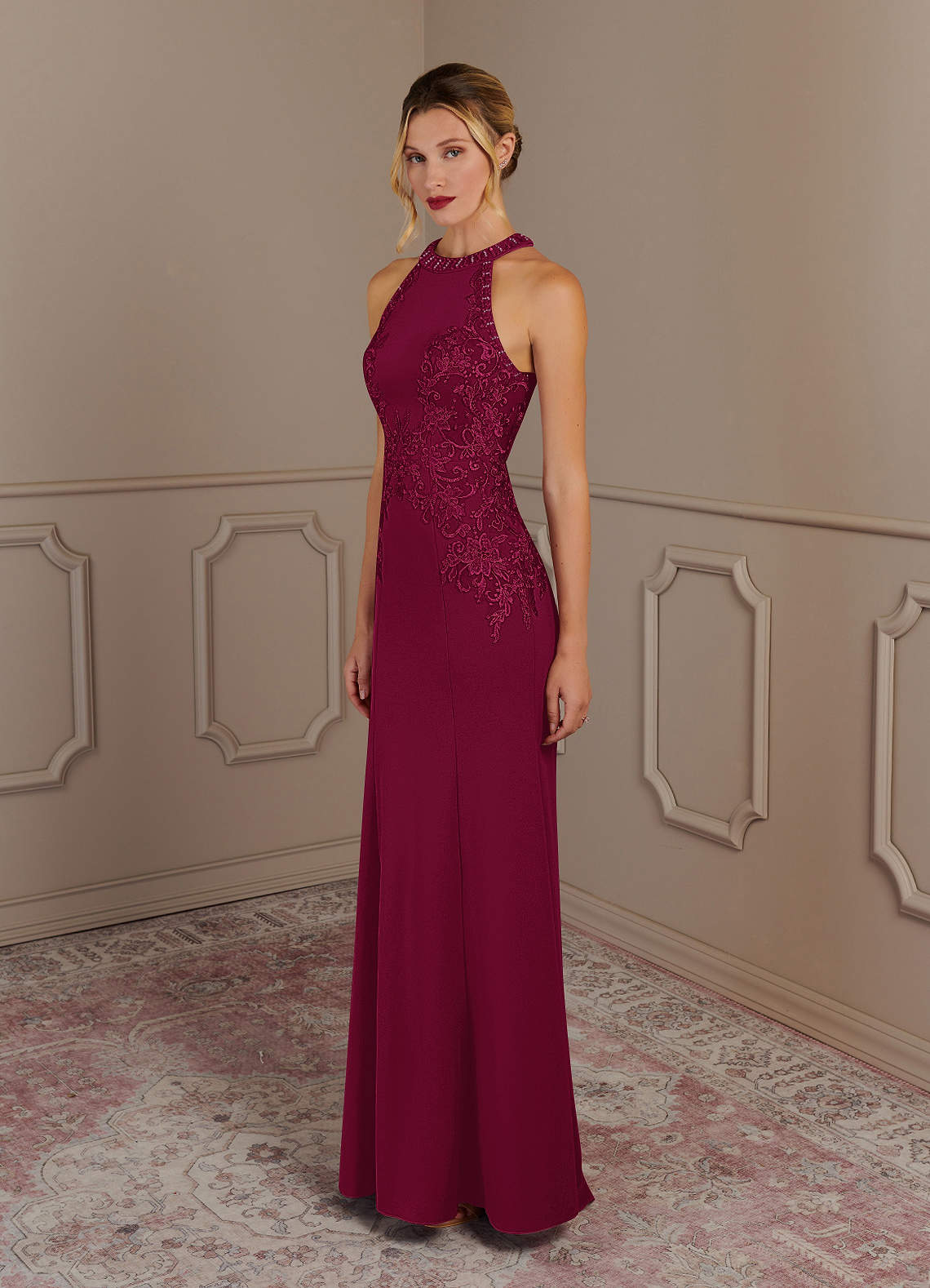 Tyra Mermaid Halter Tulle and Stretch Crepe Mother of the Bride Dress in Burgundy