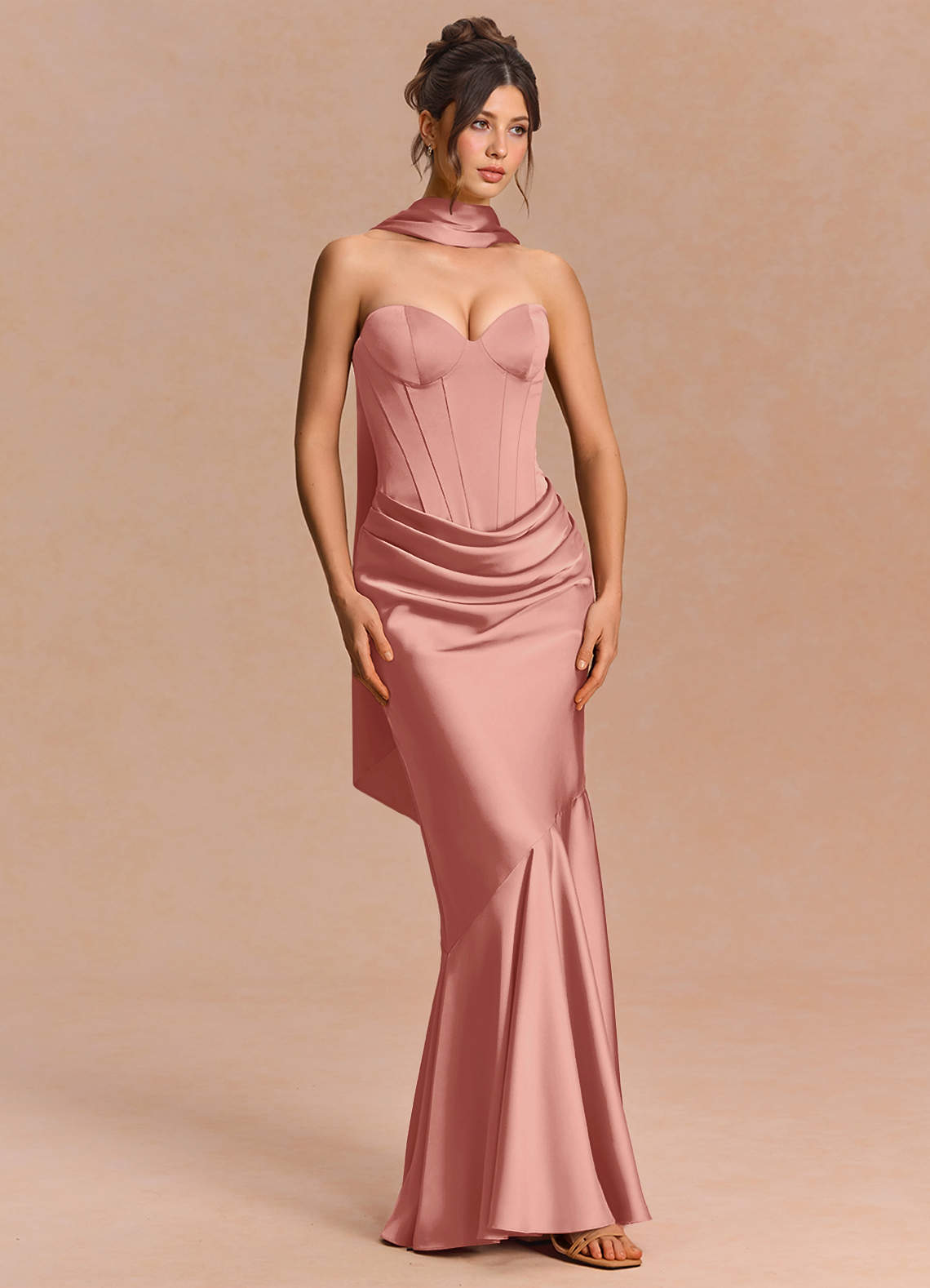 Euphemia Mermaid Strapless Stretch Satin Evening Dress in Haze blue