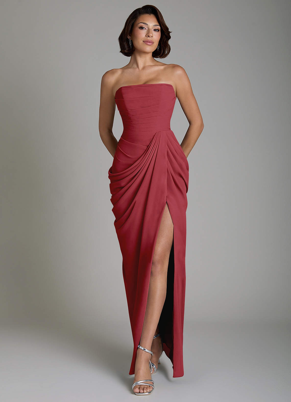 Nyra Sheath Strapless Chiffon Bridesmaid Dress in Pomegranate