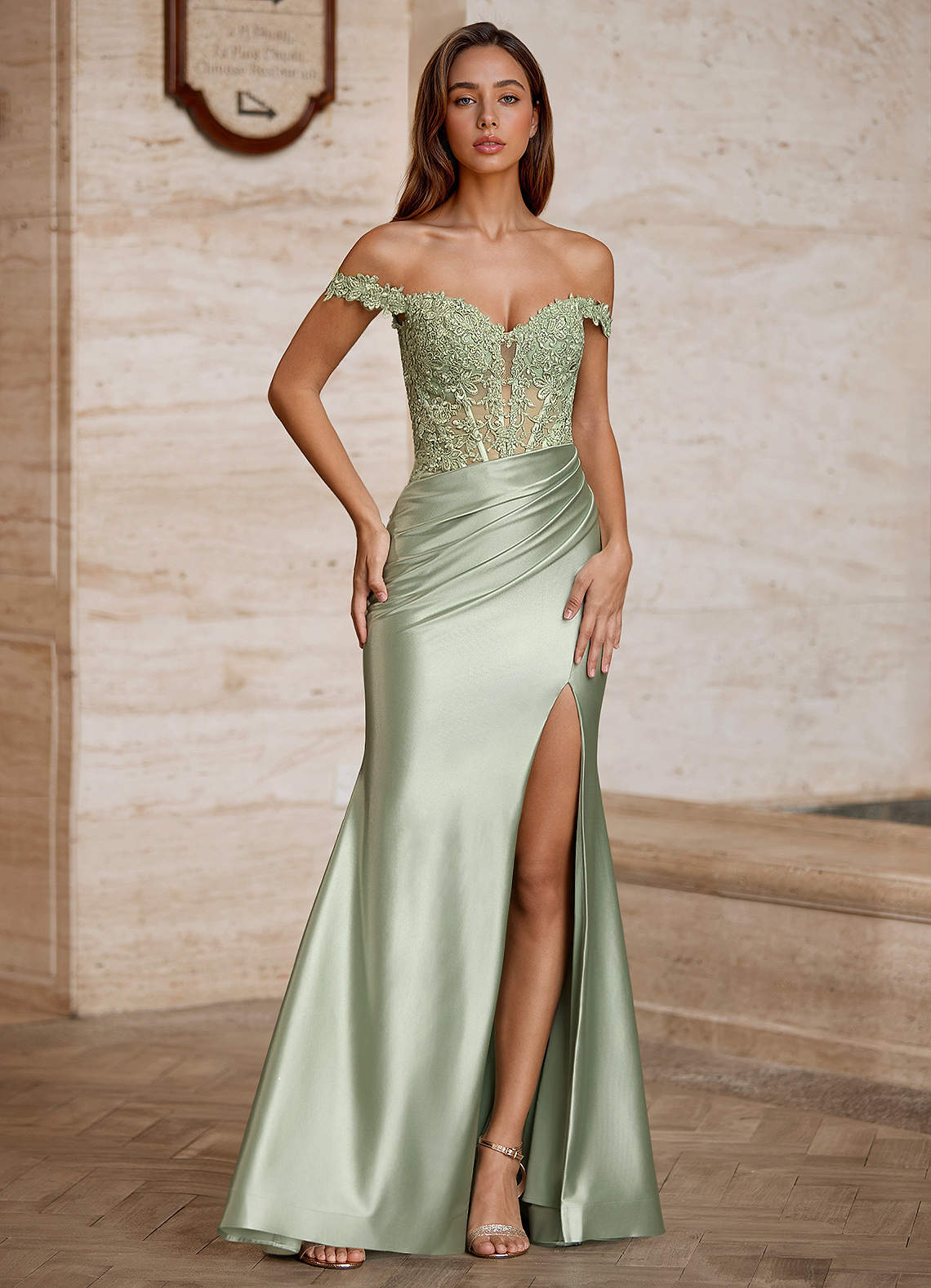 Wrentino Mermaid Off-the-Shoulder Stretch Satin Evening Dress in Wine