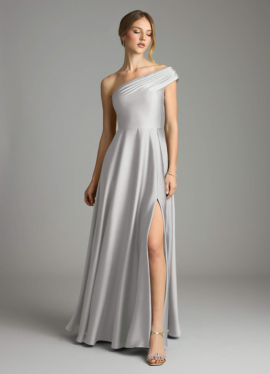 Melanie A-Line One-Shoulder Stretch Satin Bridesmaid Dress in Silver