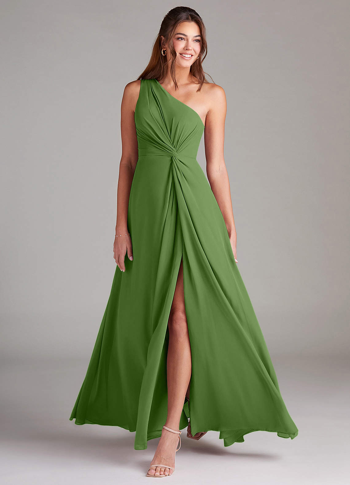 Brooke A-Line One-Shoulder Chiffon Bridesmaid Dress in Basil