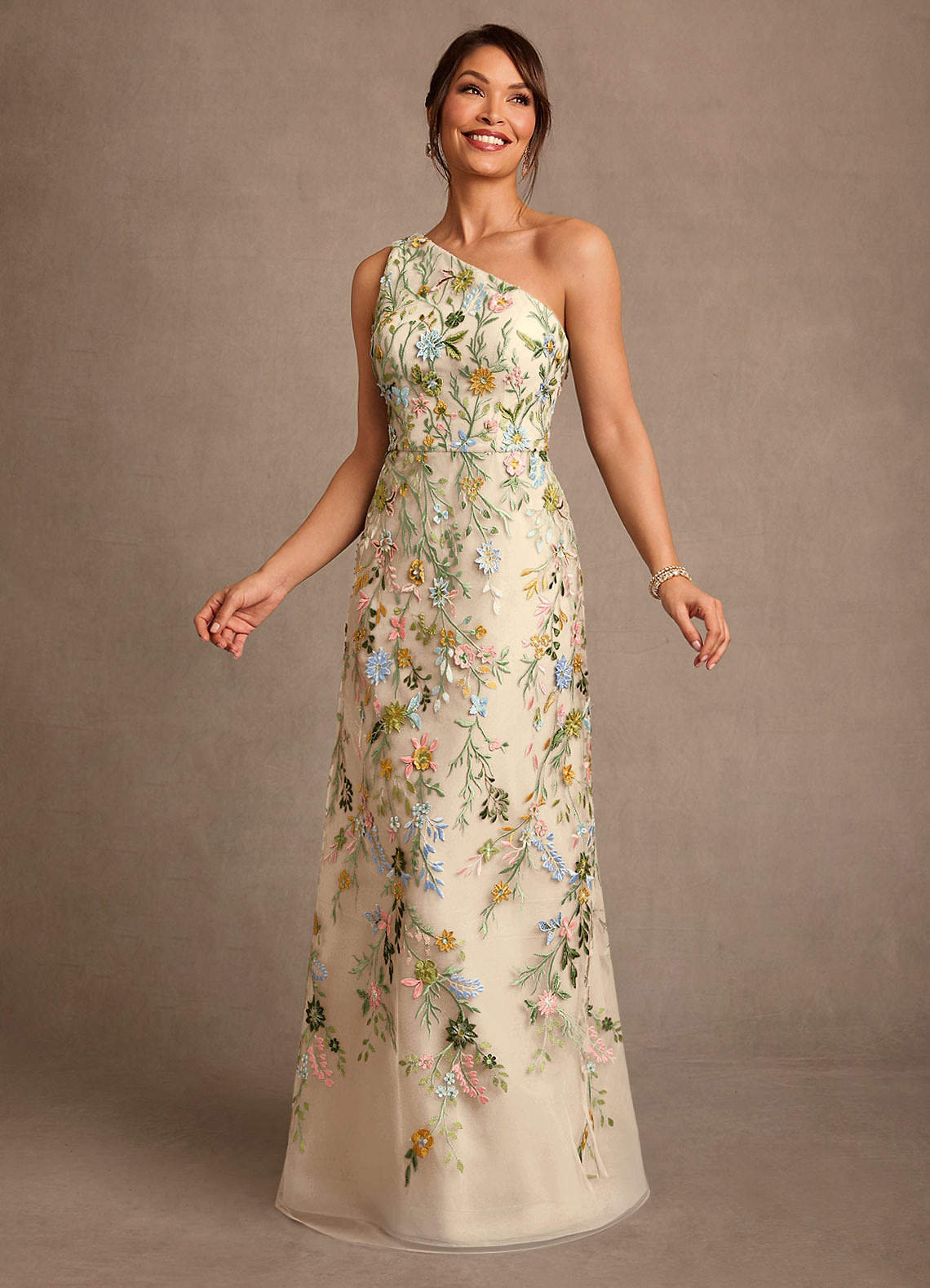 Bertie A-Line One-Shoulder Lace Mother of the Bride Dress in champagne