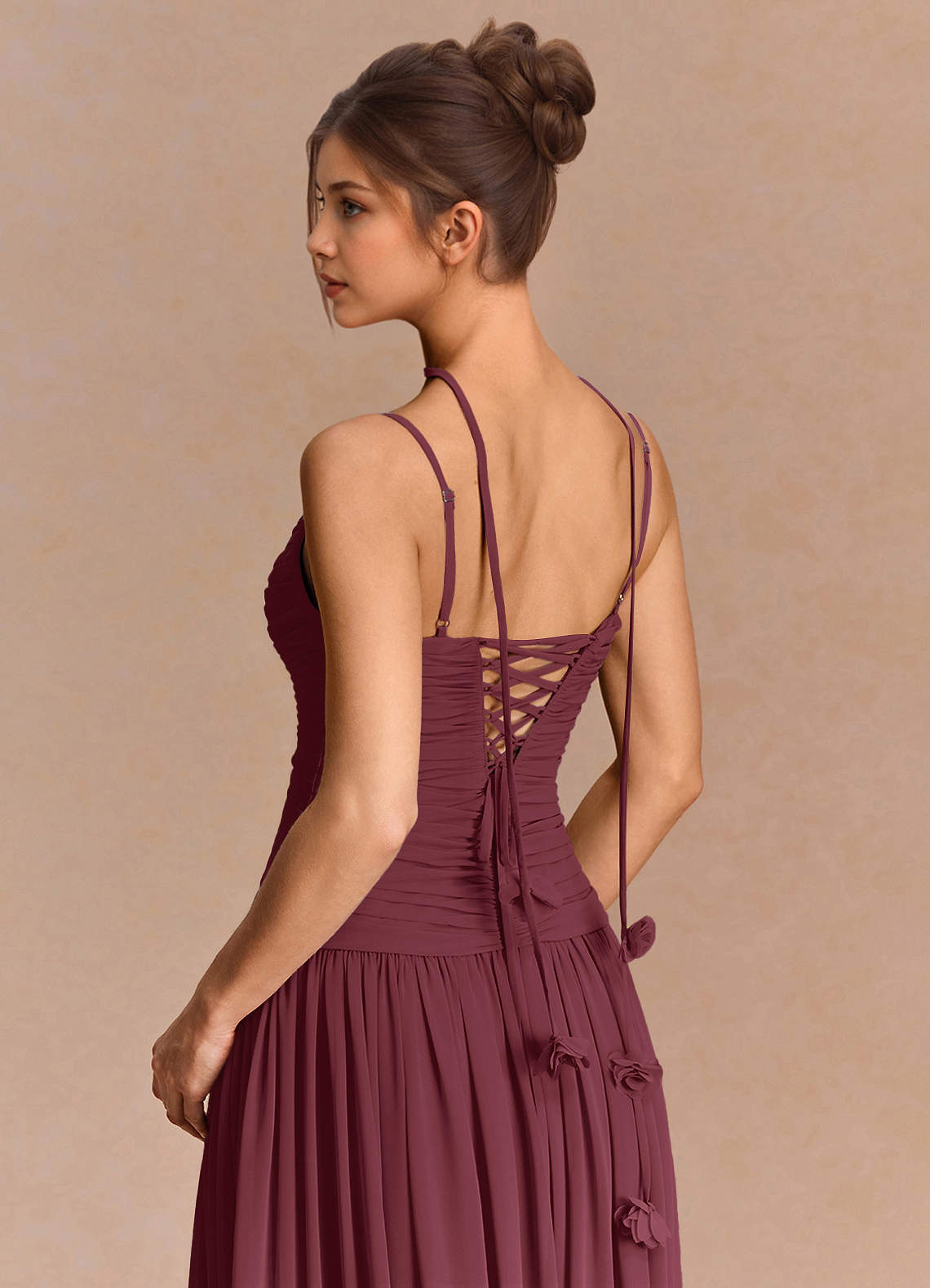 Eulalie A-Line Floral-Appliqué Chiffon Evening Dress in Wine