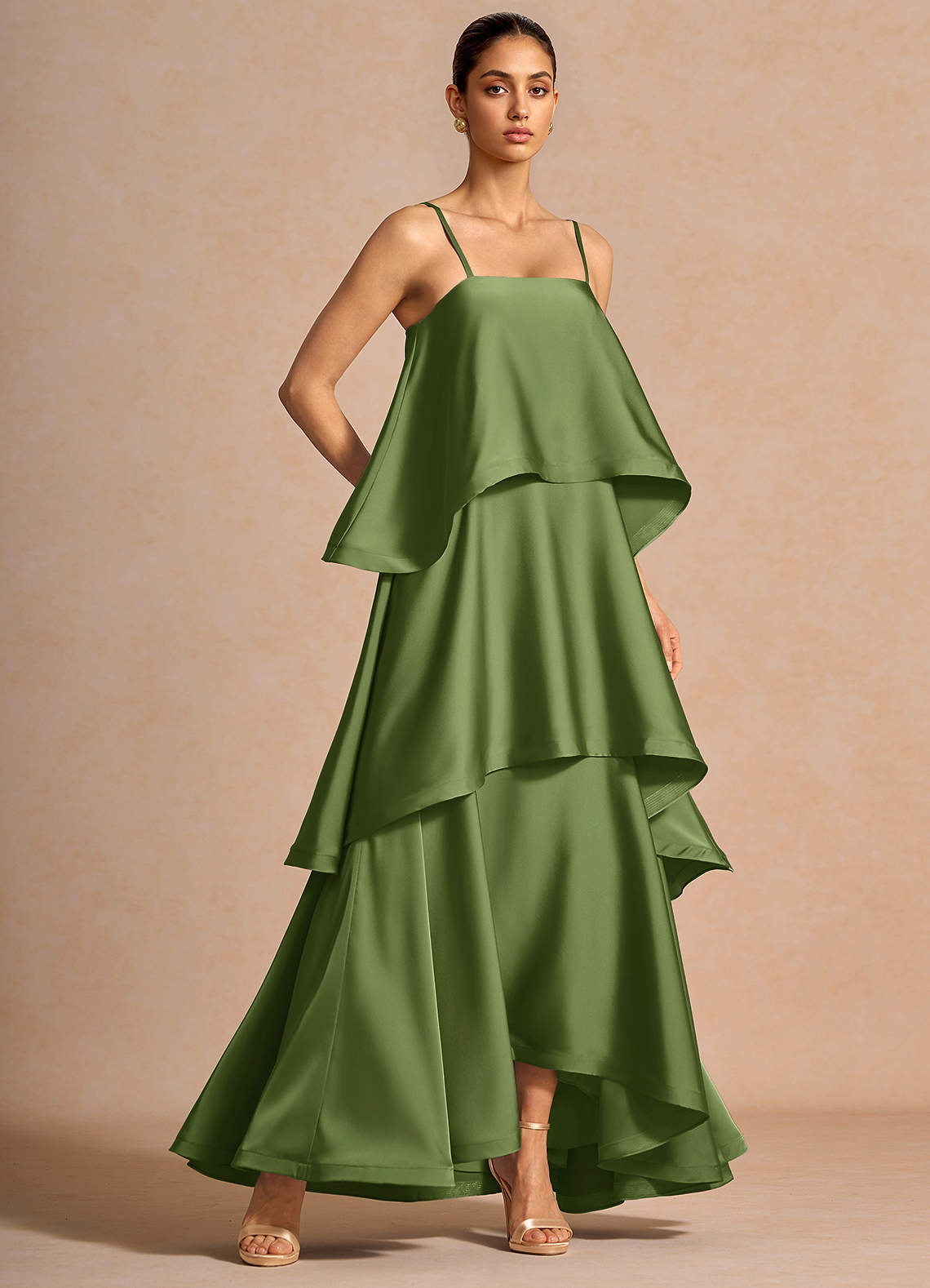 Itasca A-Line Tiered Stretch Satin Wedding Guest Dress in Lemon Green