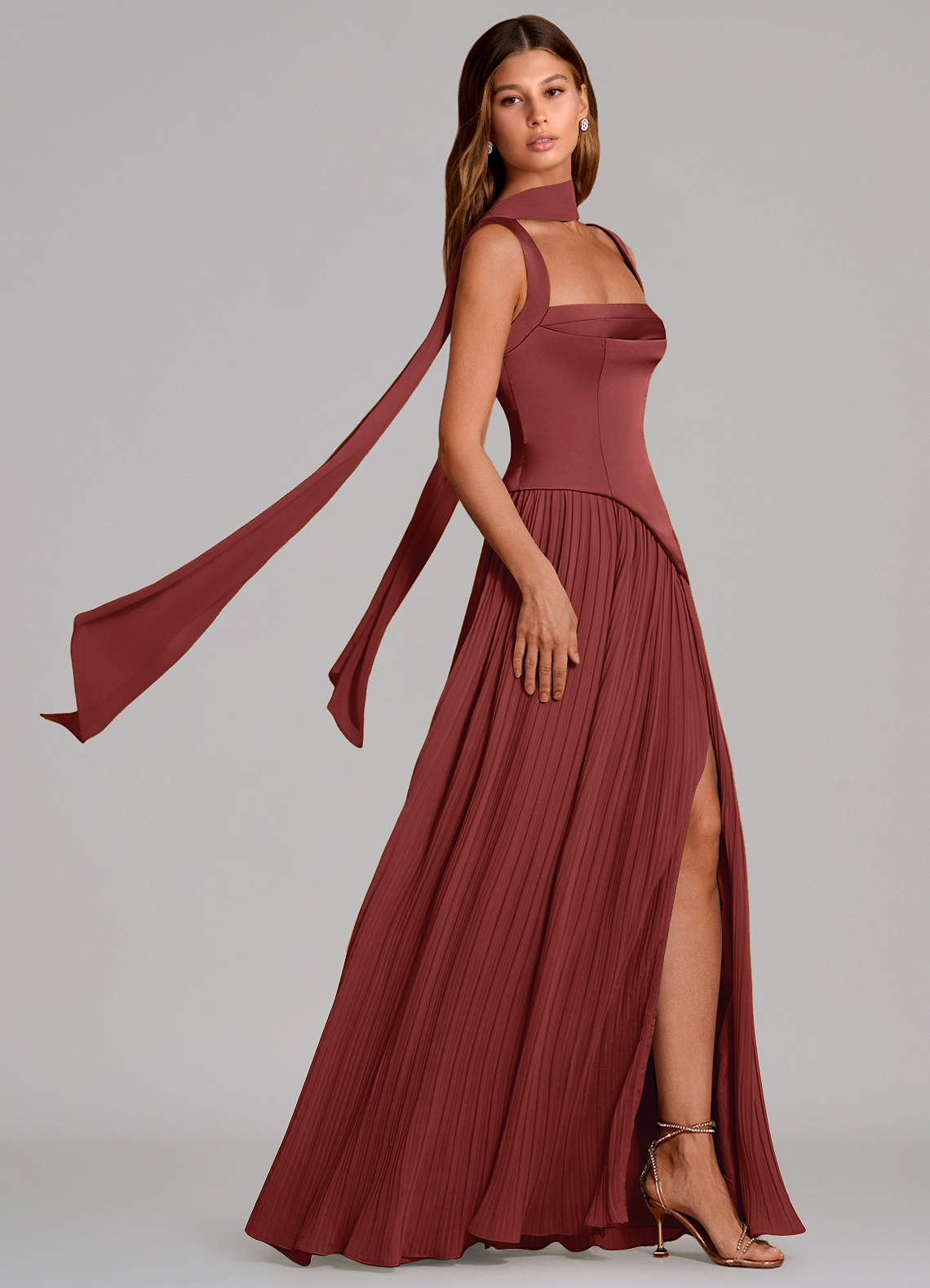Stephanie A-Line Square-Neck Stretch Satin and Chiffon Bridesmaid Dress in Terracotta