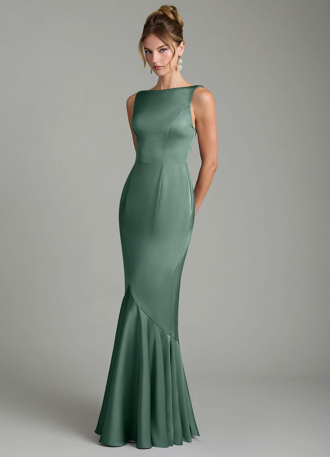 Tamera Mermaid Boat-Neck Stretch Satin and Chiffon Bridesmaid Dress in Eucalyptus
