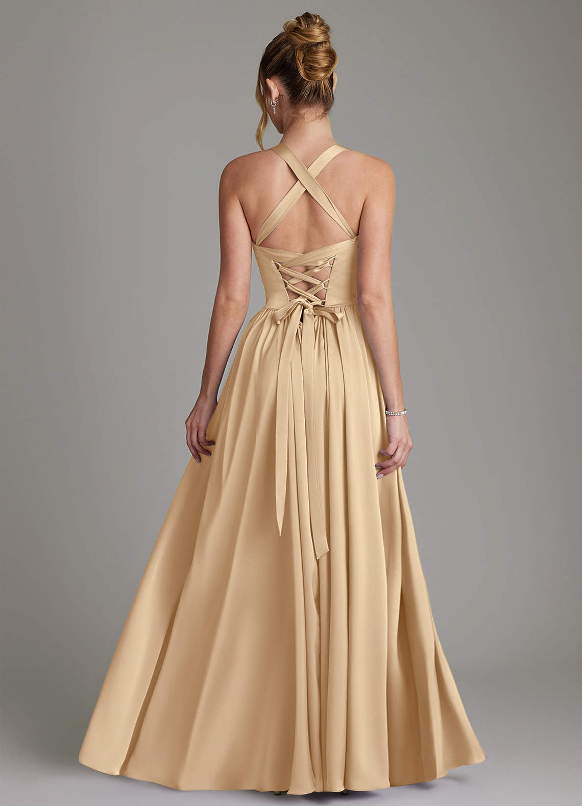 Francis A-Line V-Neck Stretch Satin Bridesmaid Dress in Champagne