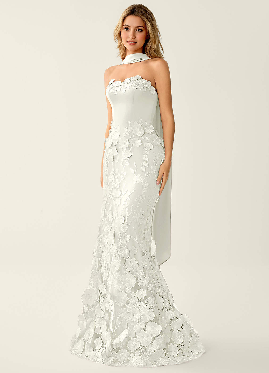 Wrensincia Mermaid Strapless Crystal Linen Satin Evening Dress in White