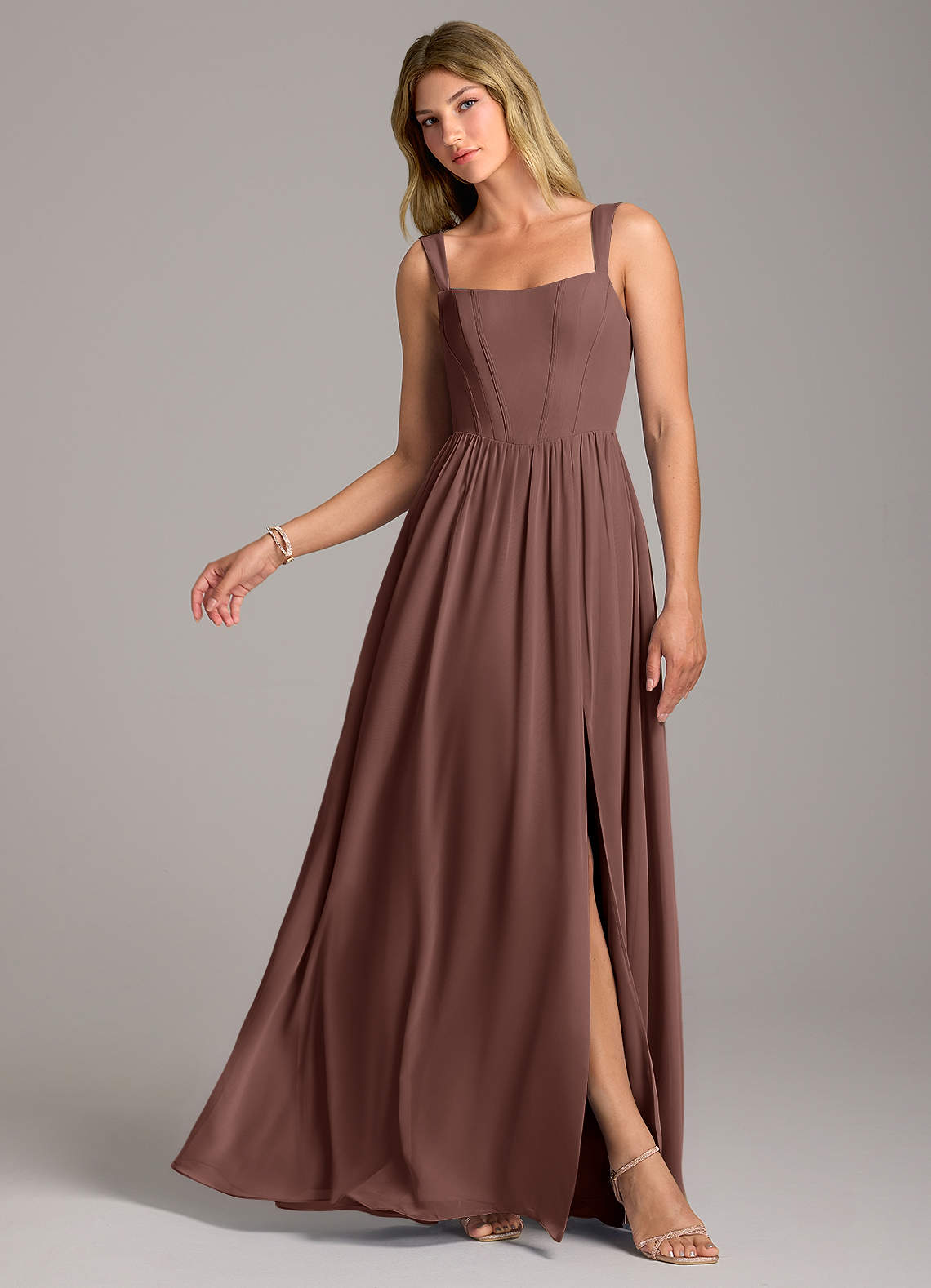 Rosaline A-Line Square-Neck Chiffon Bridesmaid Dress in Espresso