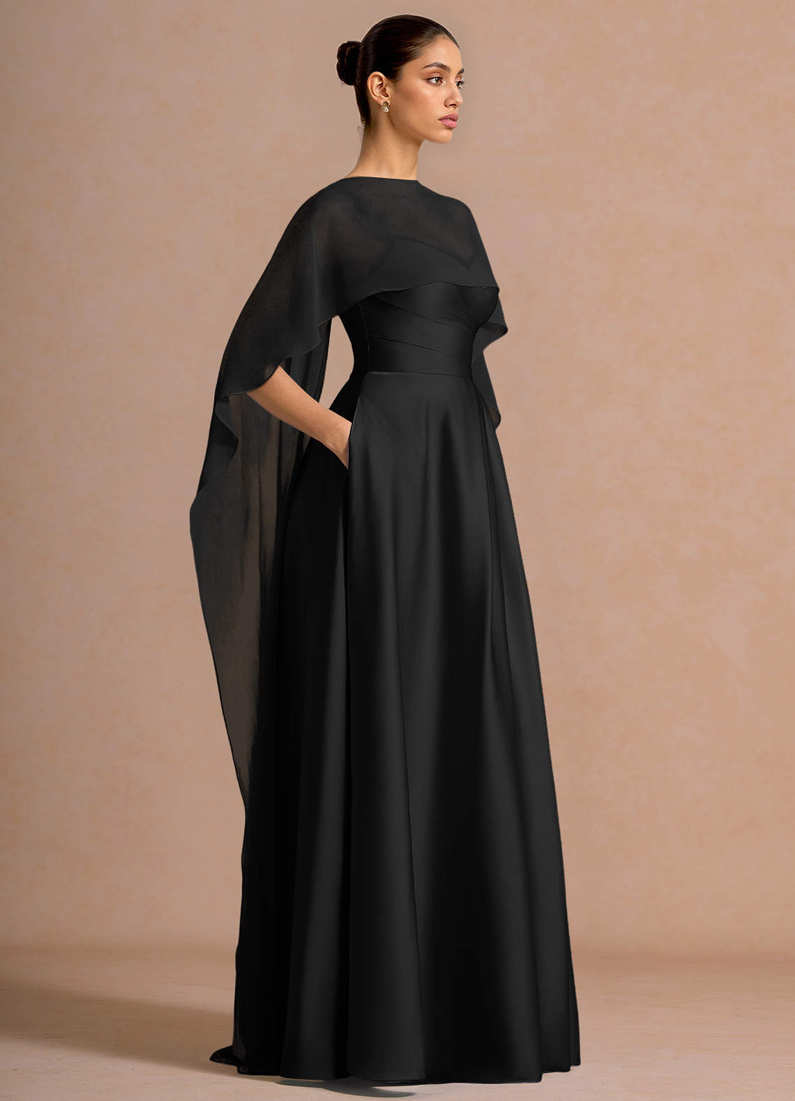 Nancy A-Line V-Neck Stretch Satin and Chiffon Evening Dress in black
