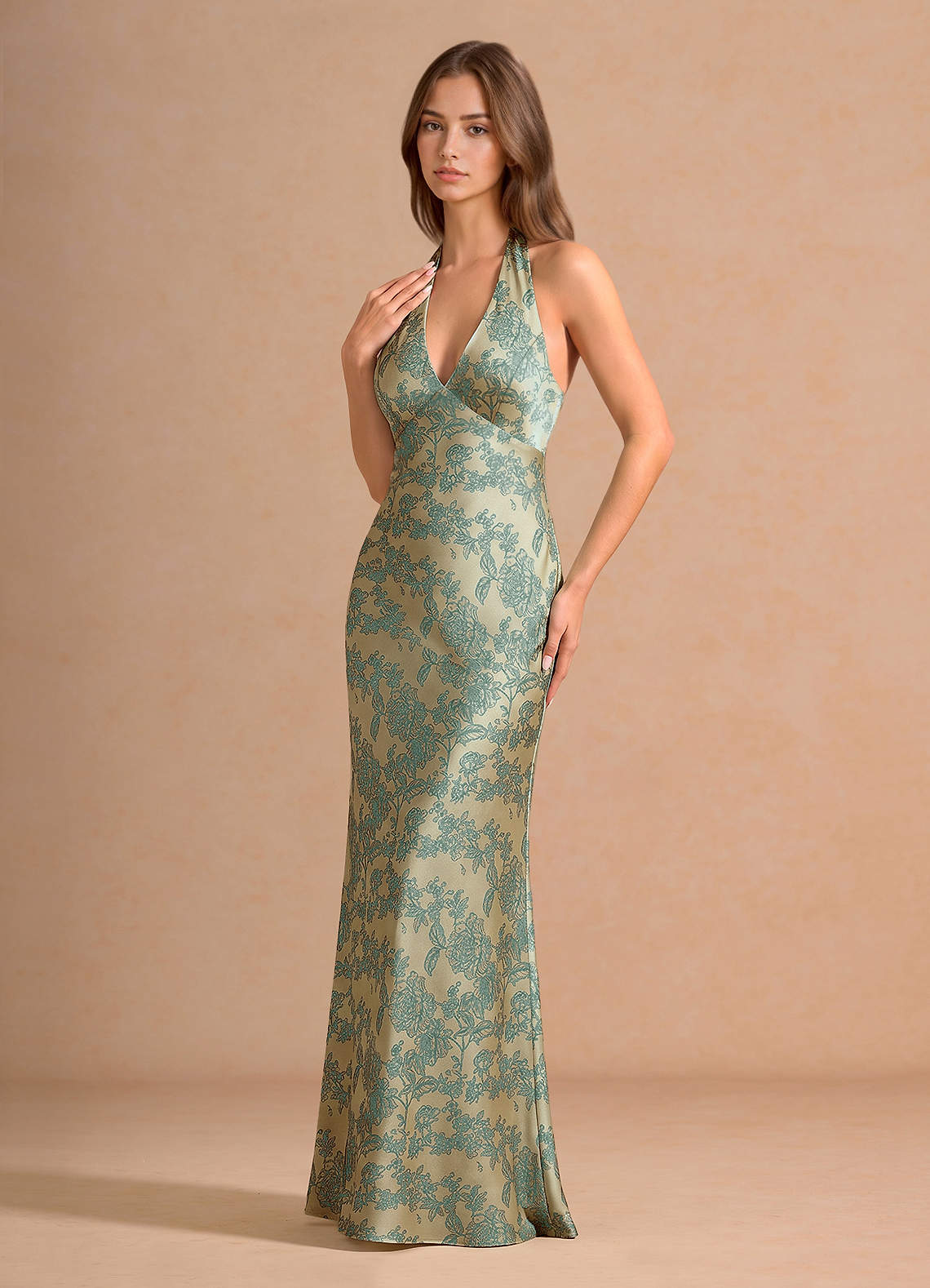 Ottoline Plunging V-Neck Open-Back Jacquard Evening Dress in Platinum Teal