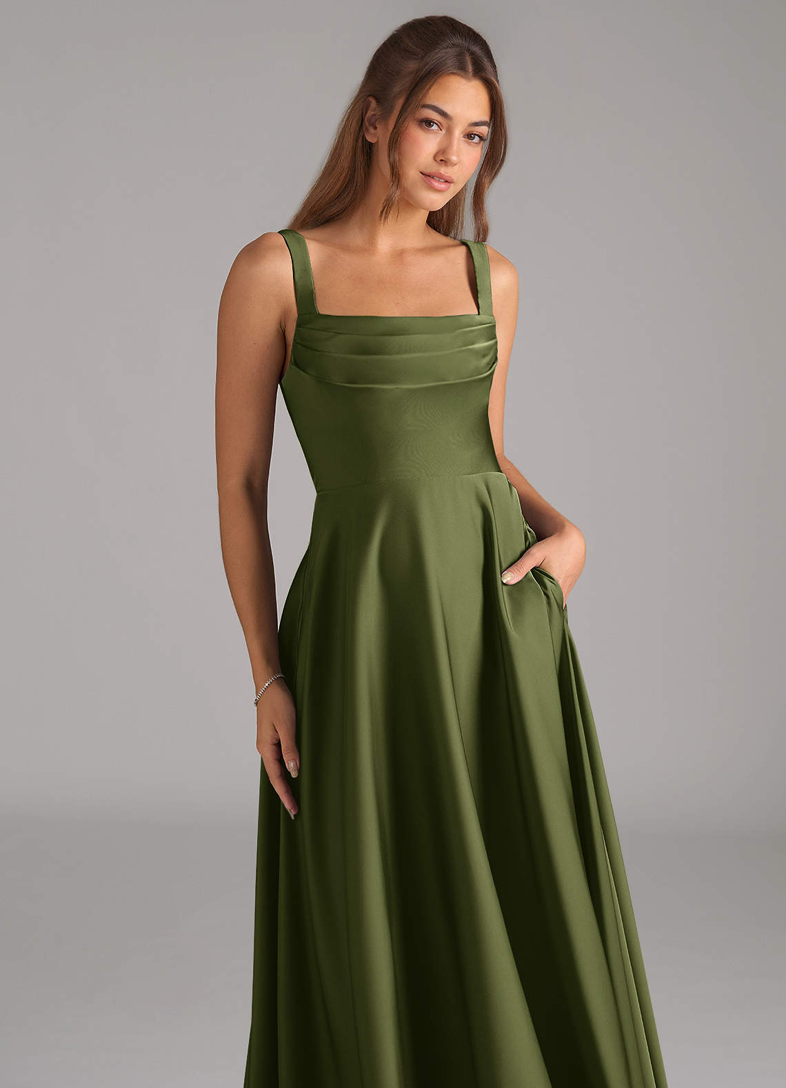 Shaude A-Line Square-Neck Stretch Satin Bridesmaid Dress in Olive