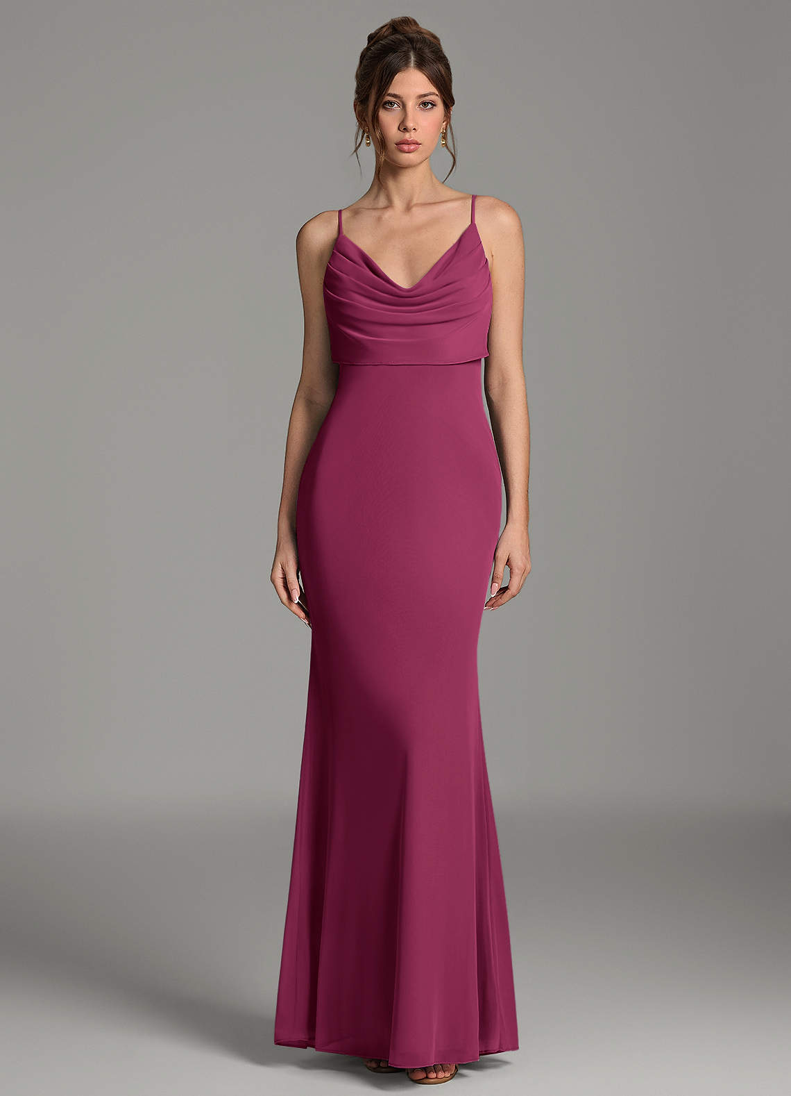 Zari Mermaid Cowl-Neck Mesh Bridesmaid Dress in Mulberry