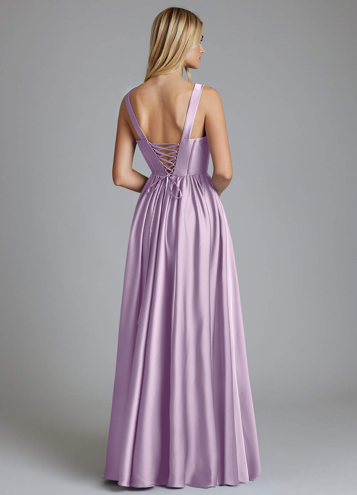 Delmie A-Line V-Neck Stretch Satin Bridesmaid Dress in Frosted Lilac