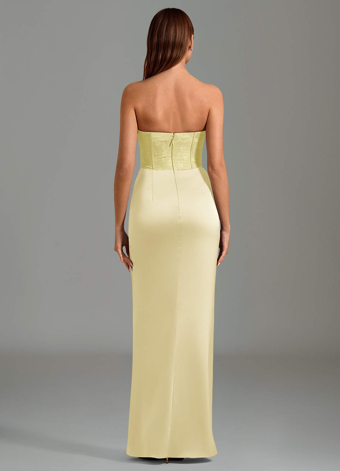 Emilia Mermaid Strapless Stretch Satin and Floral Burnout Bridesmaid Dress in Lemon Sorbet