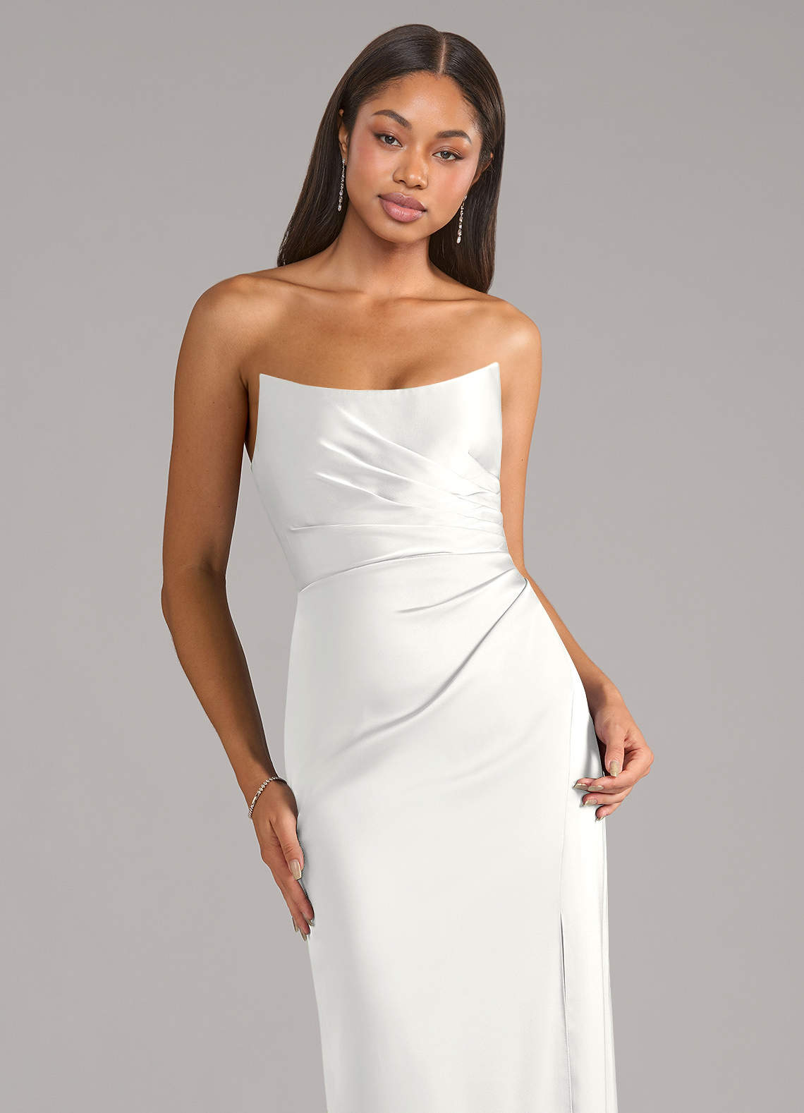 Marla Sheath Strapless Stretch Satin Bridesmaid Dress in white