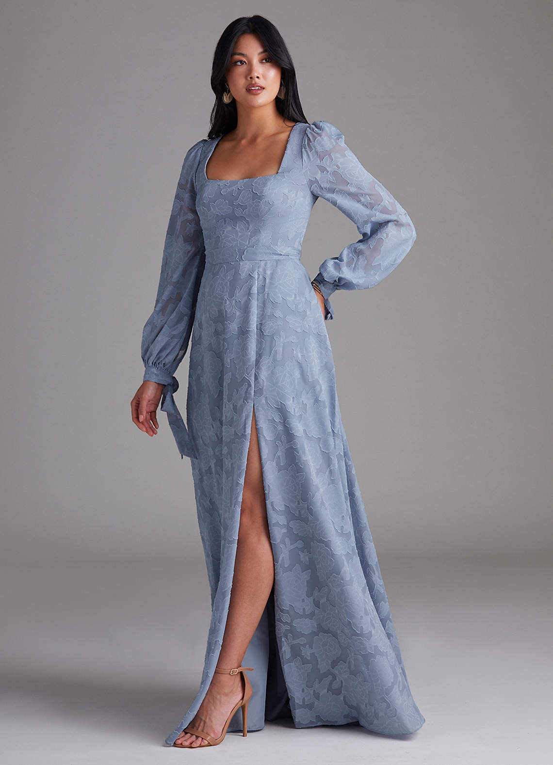 Leonia A-Line Square-Neck Stretch Satin Bridesmaid Dress in dusty blue
