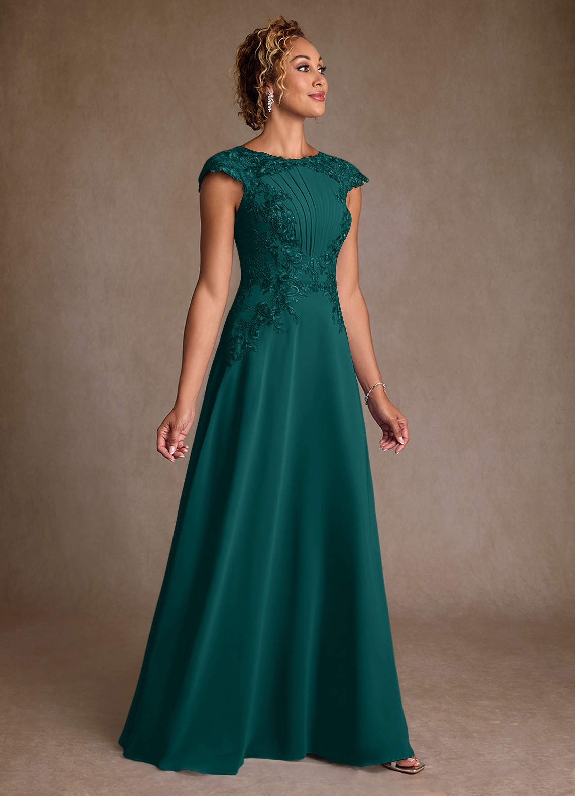 Christi A-Line Scoop-Neck Chiffon and Lace Mother of the Bride Dress in Peacock