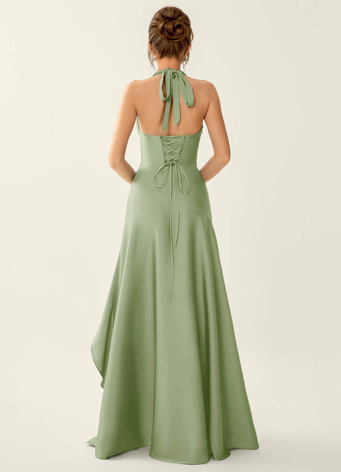 Titania Halter Asymmetric-Ruffle Satin Evening Dress in Light Green