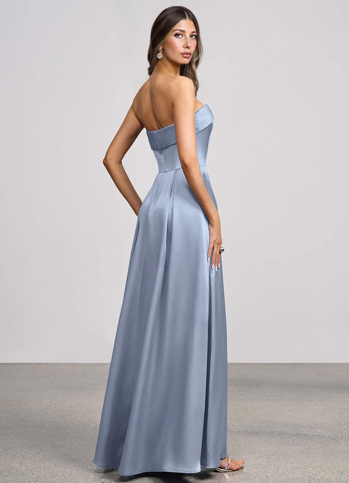 Isolde Strapless Folded-Neck Corset Luminous Satin Evening Dress in dusty blue