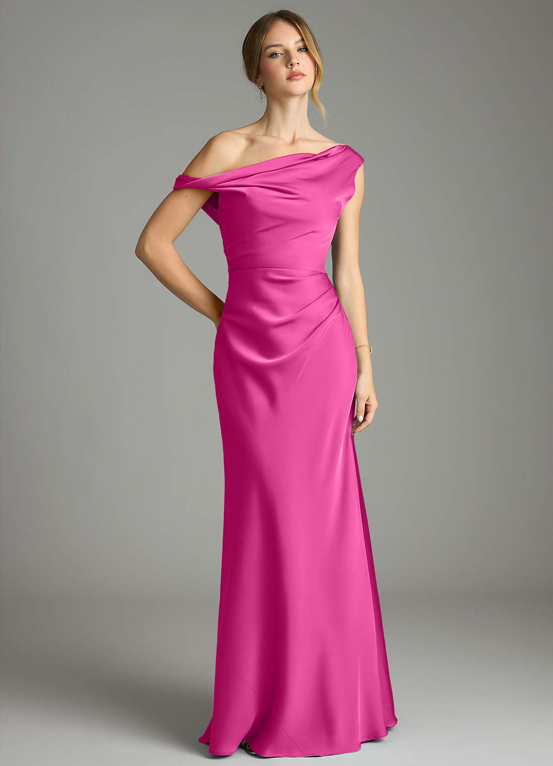 Emerson Mermaid One-Shoulder Stretch Satin Bridesmaid Dress in Fuchsia