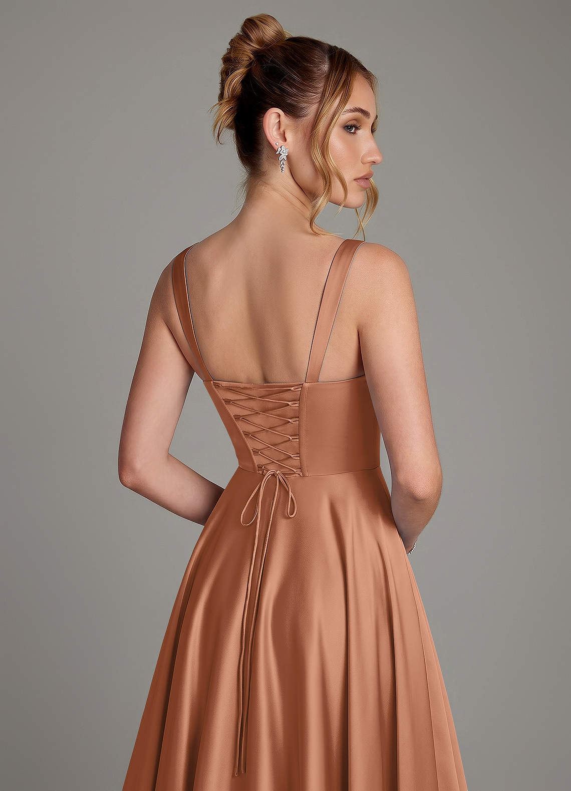 Azaria A-Line Square-Neck Stretch Satin Bridesmaid Dress in Bronzer